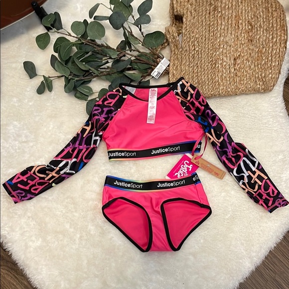 Justice Pink and Black Rashguard Swim Set - Picture 1 of 1